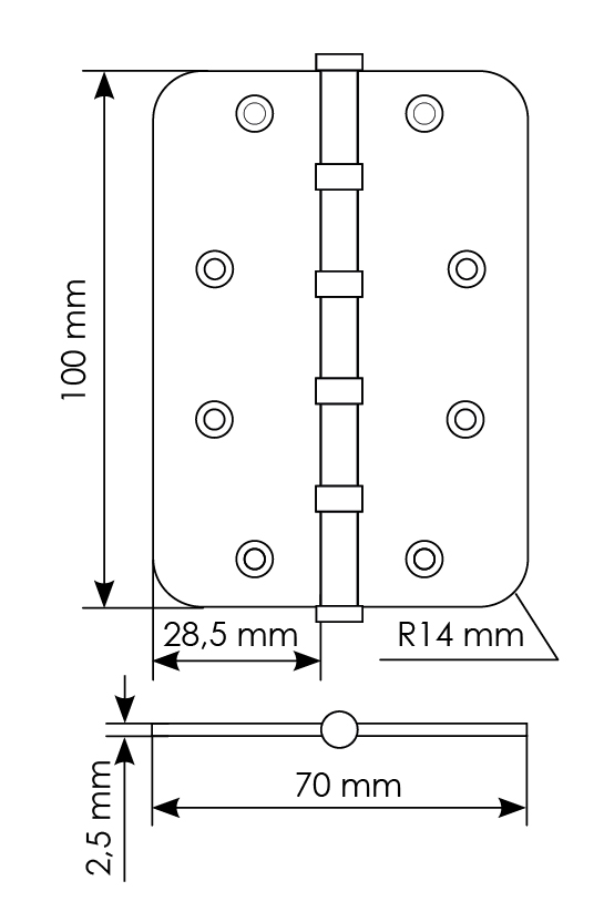 Петля стальная MSN-C 100X70X2.5-4BB SN скругленная универсальная с подшипником, вес полотна до 40 кг, цвет белый никель фото купить в Актау